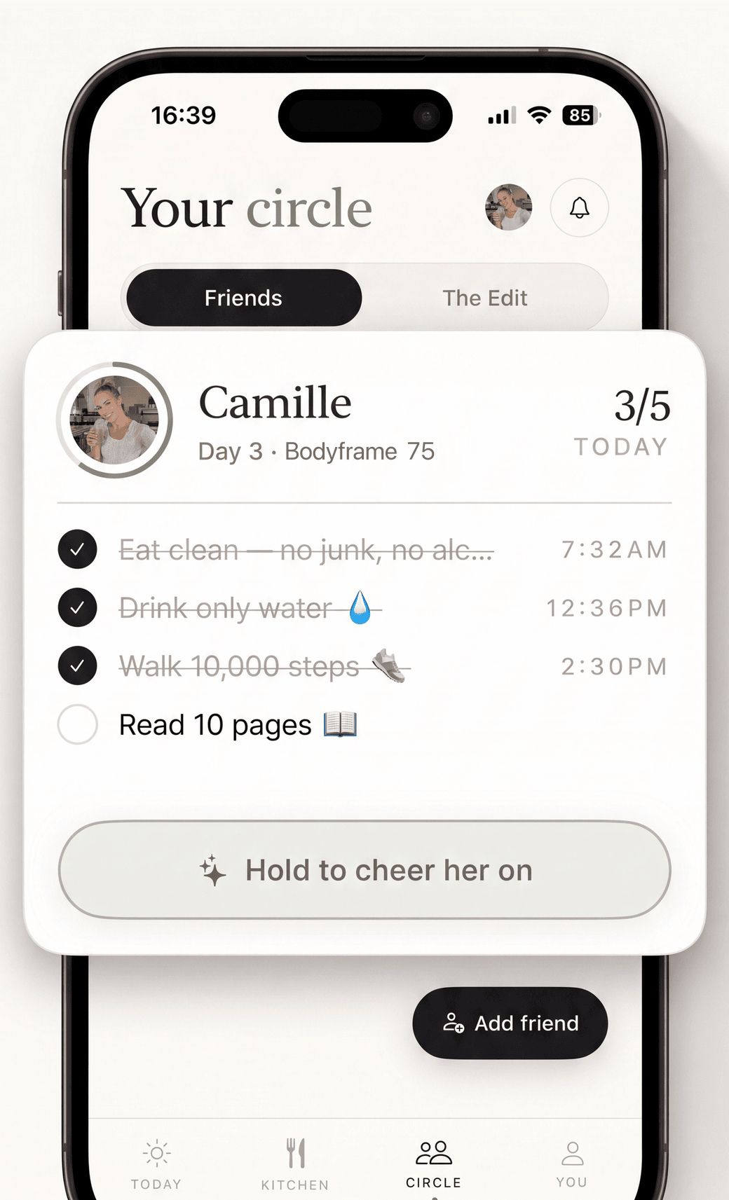 The Bodyframe Circle screen on an iPhone: the heading Your circle with Friends and The Edit tabs, and a friend card for Camille on Day 3 of Bodyframe 75 with three of five rituals ticked and a Hold to cheer her on button.